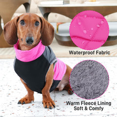 JoyDaog warm fleece dog coat pink back view highlights D-rings for walks.