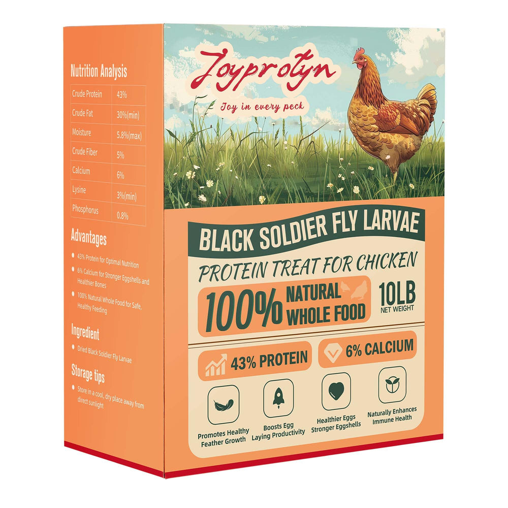 Joyprotyn BSFL 10lb bag label showcases high-calcium poultry feed for stronger eggshells.