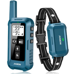 Jugbow dog shock collar receiver in blue, showcasing IPX8 waterproof durability for all-weather training.