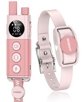 Jugbow shock collar pink front view shows training device on dog.