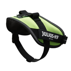 Julius-K9 IDC Powerharness reflective edges in neon green enhance nighttime visibility.