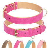 Jumpress hot pink leather collar closeup shows soft padding for daily comfort.