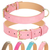Jumpress pink leather dog collar close-up showing soft padding for comfort.