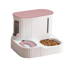 Junbec-Pet cat feeder and water dispenser pink side view for mess-free feeding.