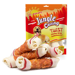Jungle Calling chicken-wrap knotted bones 6.5-inch—long-lasting chew for large dogs.