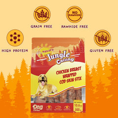 Jungle Calling chicken-wrapped cod skin sticks closeup shows grain-free, tasty chews.
