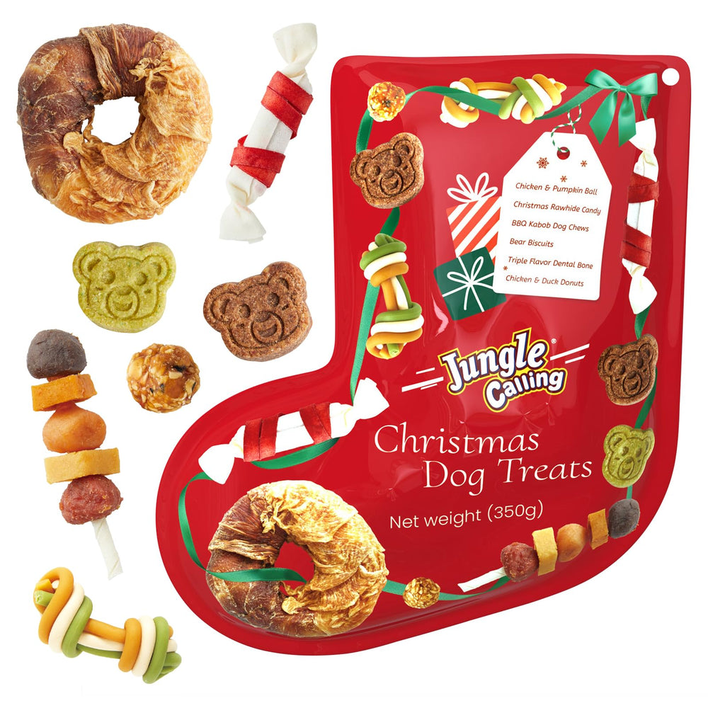 Jungle Calling Christmas dog treats pack front shows festive variety for holiday joy