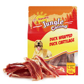 Jungle Calling Duck Wrapped Bones pack shows rawhide-free, high-protein dog treats.