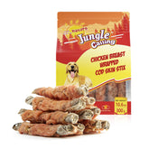 Jungle Calling packaging closeup highlights high-protein dog treats for rewards.