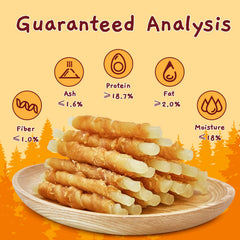 Jungle Calling rawhide-free chicken-wrapped cod sticks support teeth cleaning during chewing.
