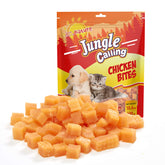 Jungle Calling soft chicken treats packaging highlights premium ingredients and grain-free appeal.