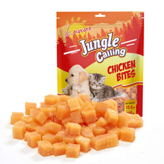 Jungle Calling soft chicken treats packaging highlights premium ingredients and grain-free appeal.