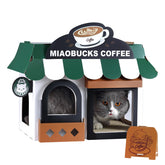 Jungle Elf cardboard cat house coffee shop front provides a durable, cozy indoor play space.