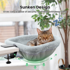 JUNSPOW cat desk bed sunken design for secure cat naps.