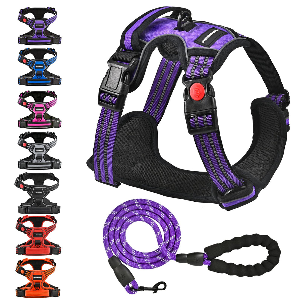 Juqiboom no-pull harness purple front view with chest clip for controlled leash training.