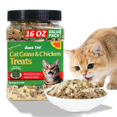Just Try cat grass jerky treats jar closeup showing fresh packaging for easy access.