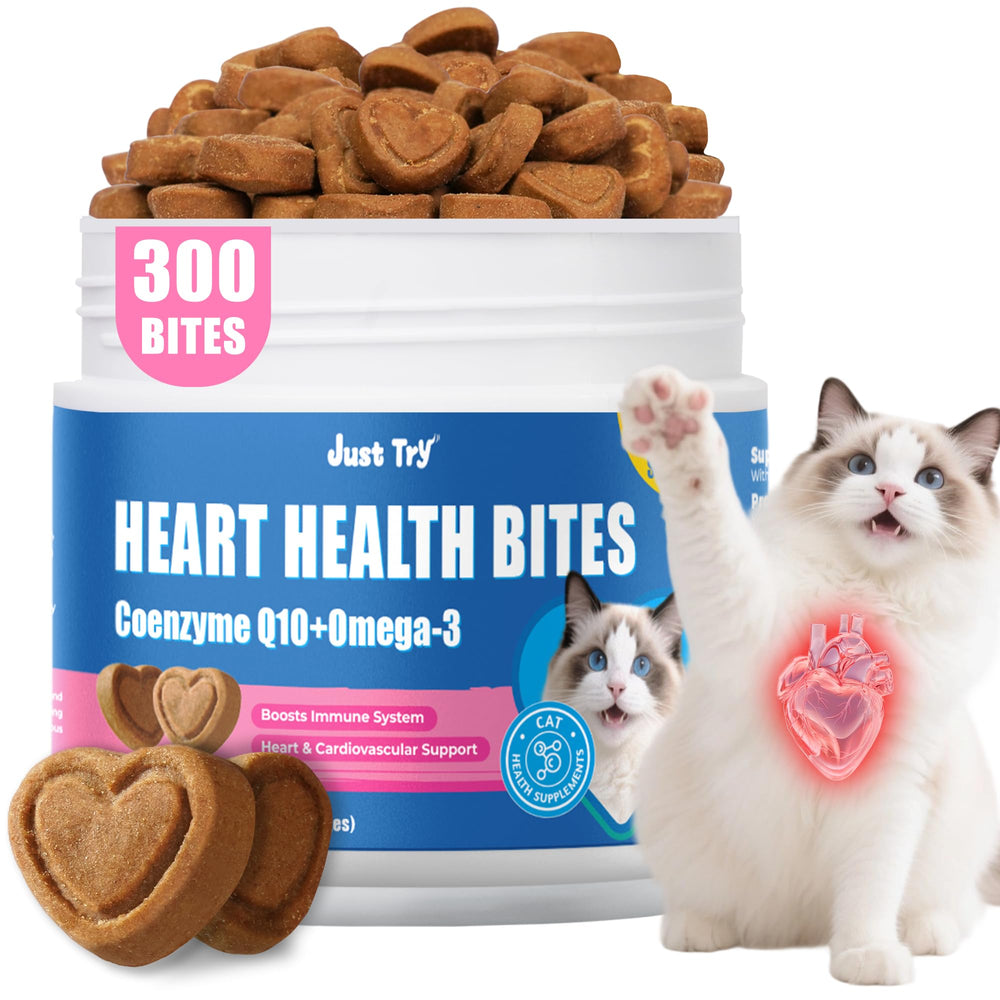 Just Try CoQ10 cat treat bottle shows chicken flavor for convenient heart-support supplementation.