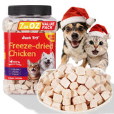 Just Try freeze-dried chicken treats jar closeup, high-protein snack for dogs and cats.