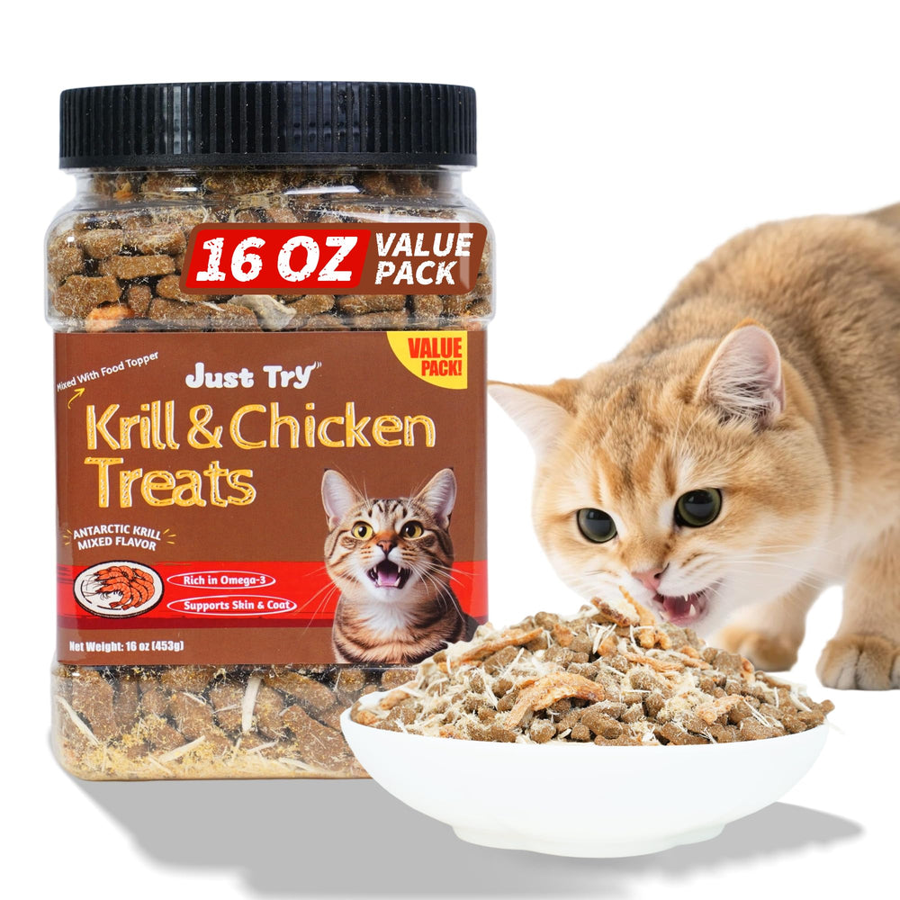 Just Try Krill & Chicken Cat Treats bag front showing crunch ready for training rewards