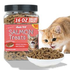 Just Try Salmon Cat Treats packaging in an airtight jar boosts freshness and convenience.