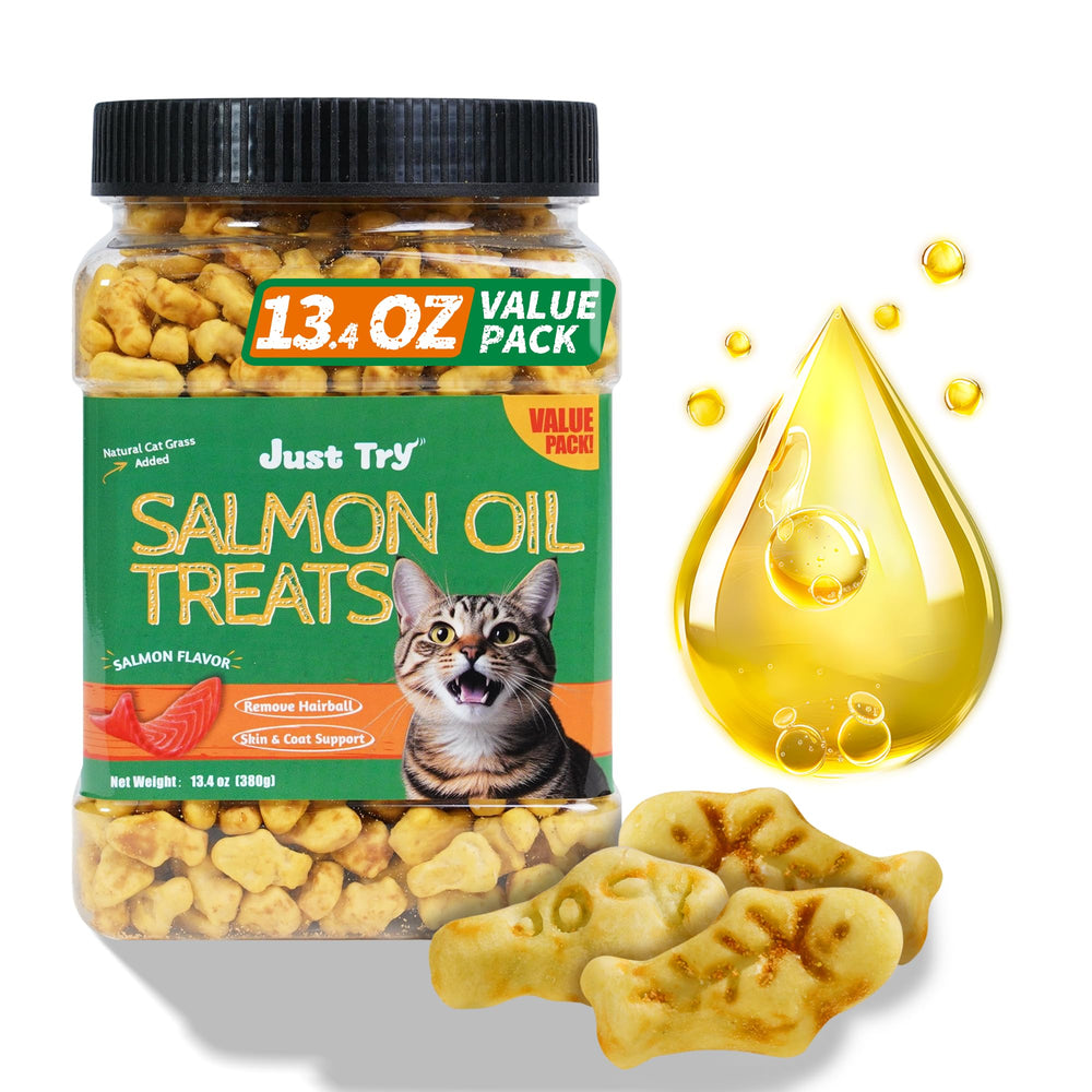 Just Try golosinas de hierba para gato con aceite de salmón, piel saludable.