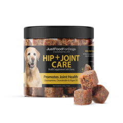JustFoodForDogs Hip + Joint Soft Chews bottle pour demonstrates convenient joint-support treats for dogs.