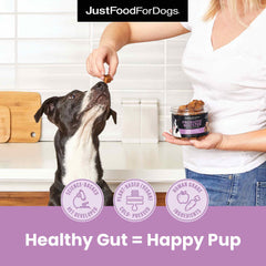 JustFoodForDogs Probiotic Booster packaging emphasizes premium cold pressed nutrients.