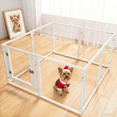 JWXQS clear acrylic dog playpen front view showing spacious 8-panel setup for indoor play