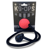 K9 Ops Moki ball in ruby red with rope for durable fetch training