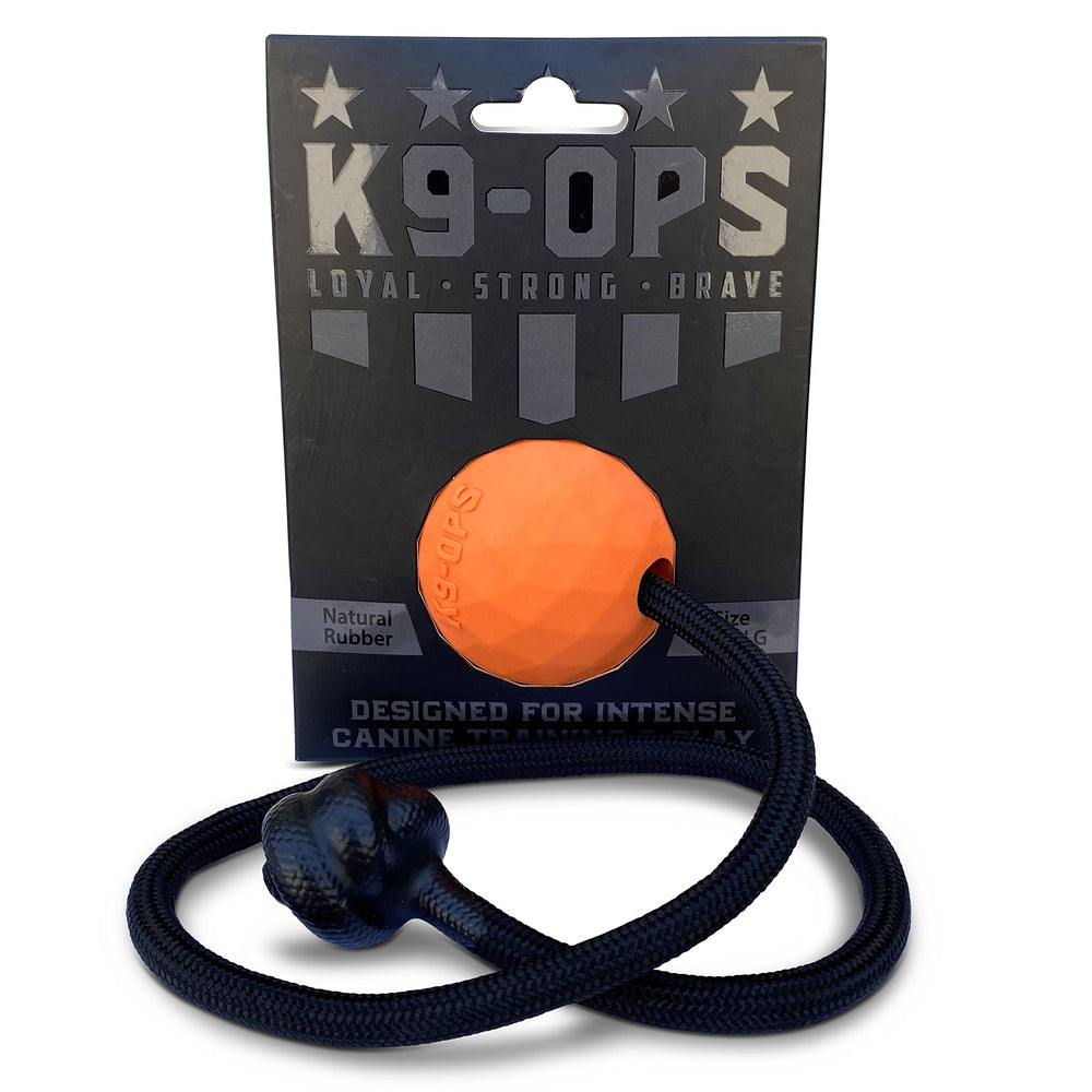 K9 Ops Moki front view ball-rope tug for durable fetch training.