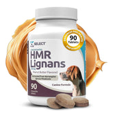 K9 Select HMR Lignans bottle with peanut butter flavor highlighting immune and coat-supporting supplement.