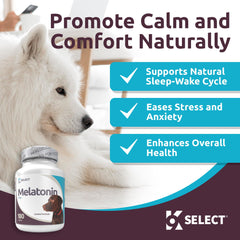 K9 Select melatonin bottle packaging shown for dogs calming supplement