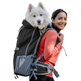 K9 Sport Sack Kolossus XXL black dog carrier worn for hands-free hiking adventures