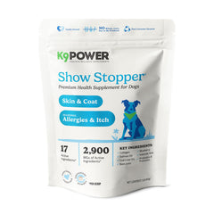 K9 Power Show Stopper bottle label showcases omega-rich formula for healthier coat.