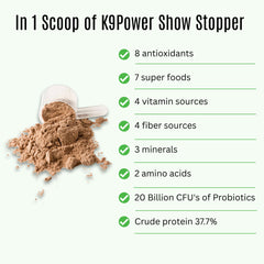 K9 Power Show Stopper scoop-dog-powder demonstrates easy daily dosing for busy pet owners.