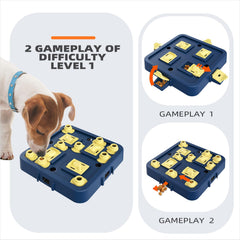 KADTC dog puzzle with nine movable boxes for reward-based problem solving