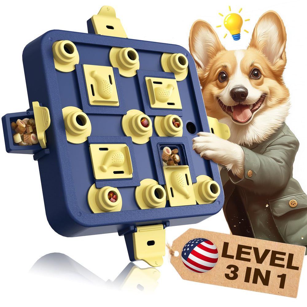 KADTC dog puzzle with three levels of sliding compartments for mental challenge