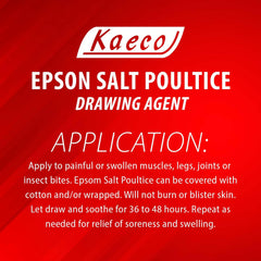 Kaeco Epsom Salt Poultice application area shows skin contact for soothing sore joints and bruises