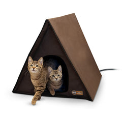 K&H A-Frame outdoor cat house front view shows a warm, multi-cat shelter.