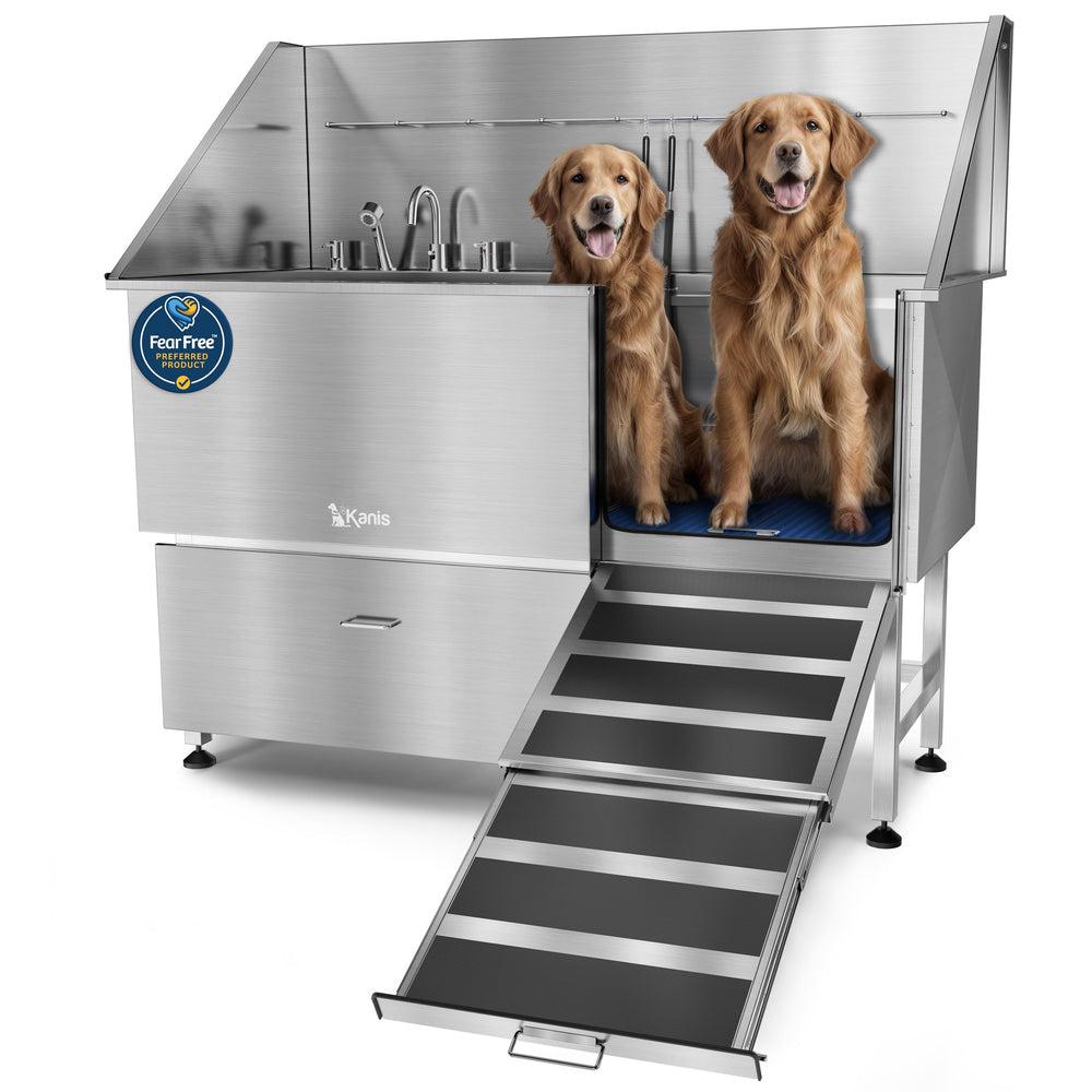 KANIS Dog Washing Station 61-inch stainless steel view with drawer for organized grooming routines.