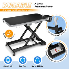 KANIS electric dog grooming table height adjustment action supports ergonomic grooming heights.