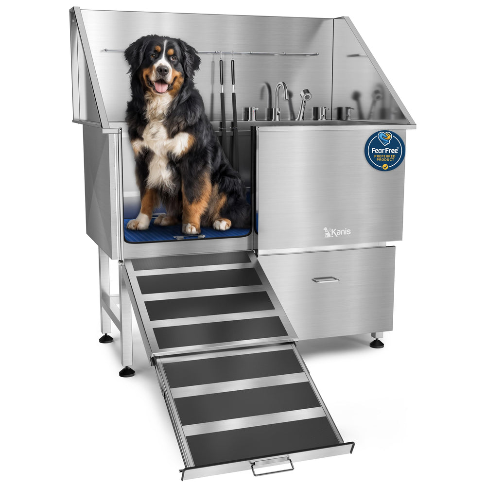 KANIS professional dog washing station front view with left ramp for easy grooming.