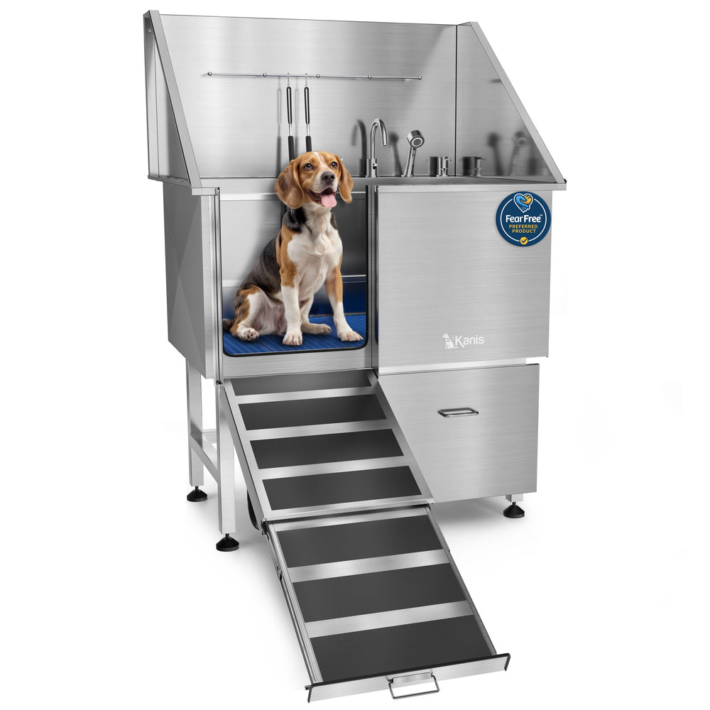 KANIS professional dog washing station left ramp enables easy, safe entry for large dogs.