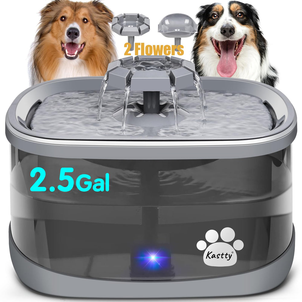Kastty dog water fountain shows 2.5gal capacity for large dogs.