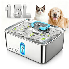 Kastty large-dog-water-fountain shows 15L capacity for multi-pet hydration.