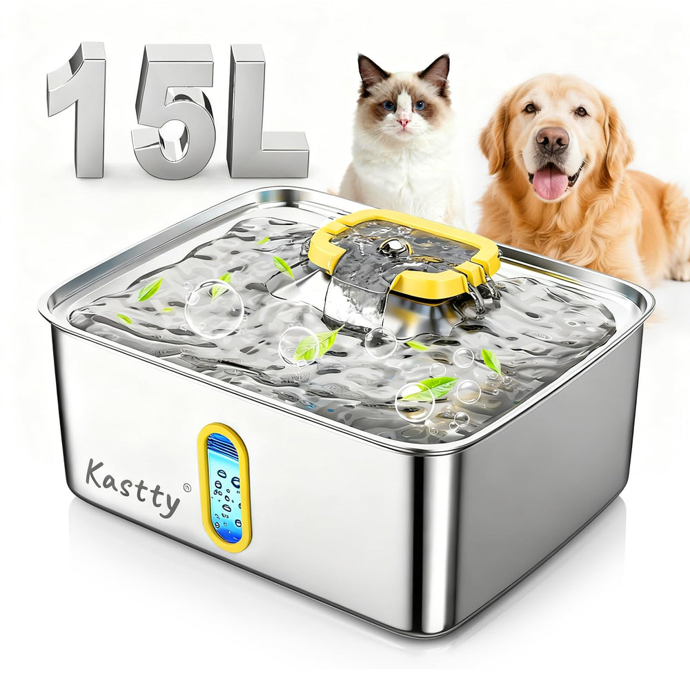 Kastty water fountain 15L capacity keeps large dogs hydrated during play.