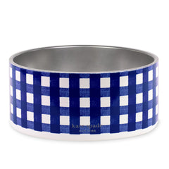 kate spade new york dog dish navy gingham front view shows compact, non-slip feeding bowl.