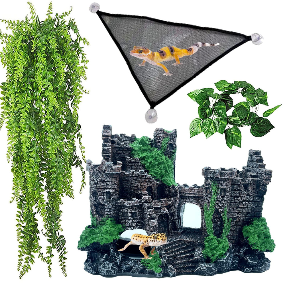 Kathson bearded dragon castle decor enhances terrarium enrichment.