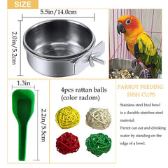 Kathson parrot feeder dish side view highlighting sturdy clamp for secure cage mounting.