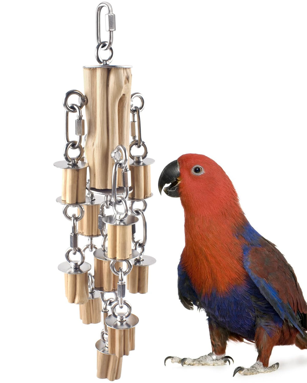 KATUMO parrot toys stainless-steel chains close-up promoting durable, engaging play.